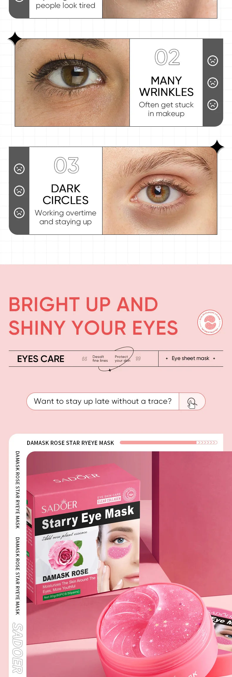 60pcs Rose Starry Collagen Eye Mask Anti Dark Circles !